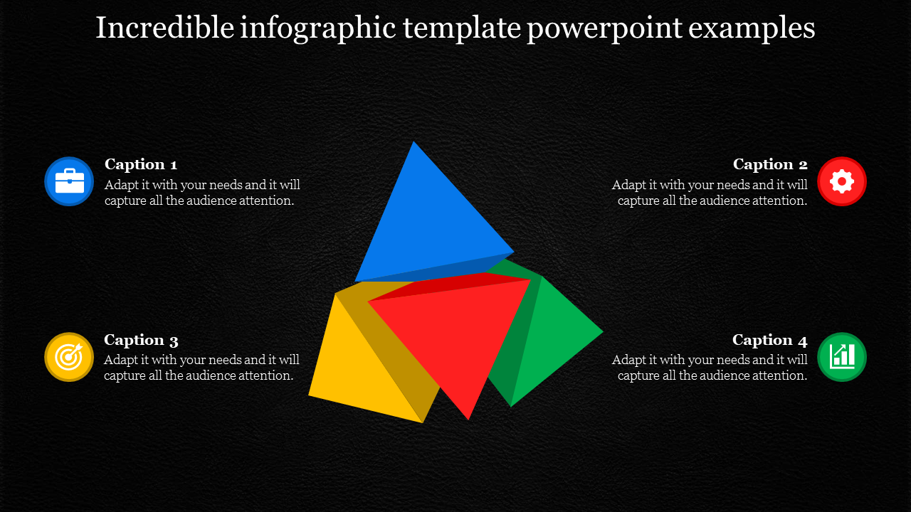 Infographic PowerPoint slide with a 3D geometric shape in the center and four icons with captions on a dark background.