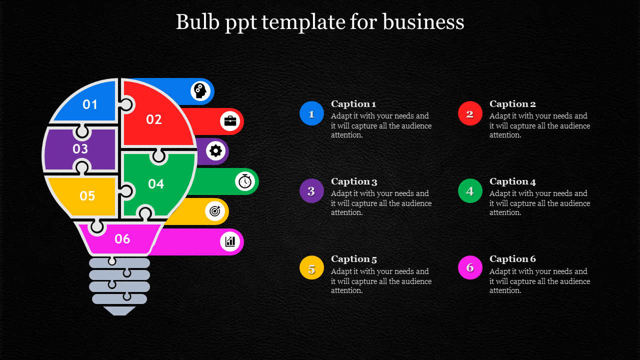 Colorful puzzle bulb design with six segments and caption areas placed in a black background.