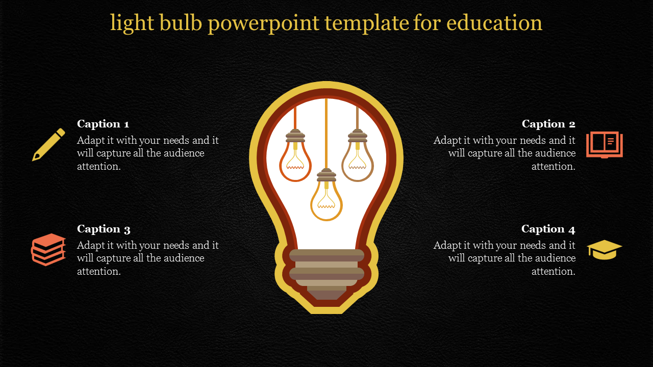 Educational-themed slide featuring a central light bulb with hanging bulbs and four captions areas. 