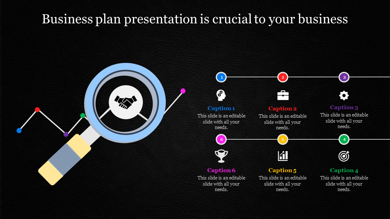 Business plan template with a magnifying glass, handshake icon, and colorful graphs with captions on a dark backdrop.