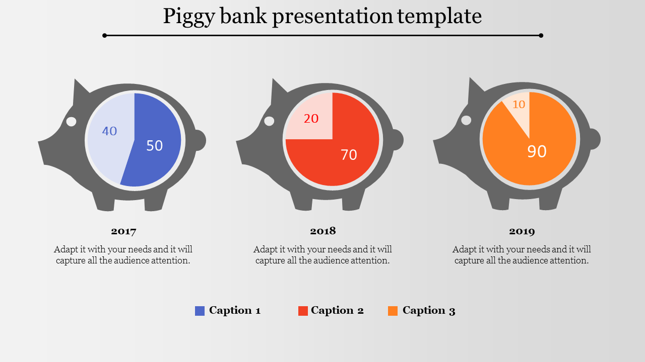 Three piggy bank shapes with pie charts inside, showing blue, red, and orange segments representing yearly data.