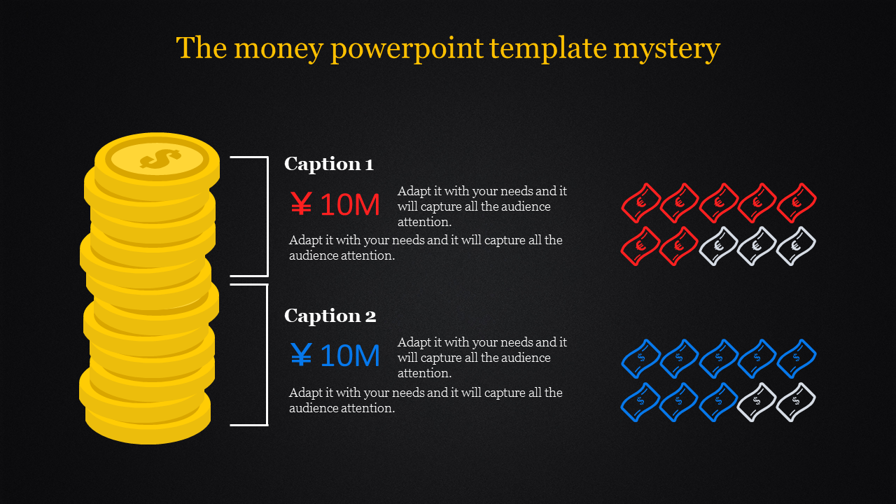 Gold coin illustration paired with two money captions featuring ¥10M and colored euro and dollar bill graphics.