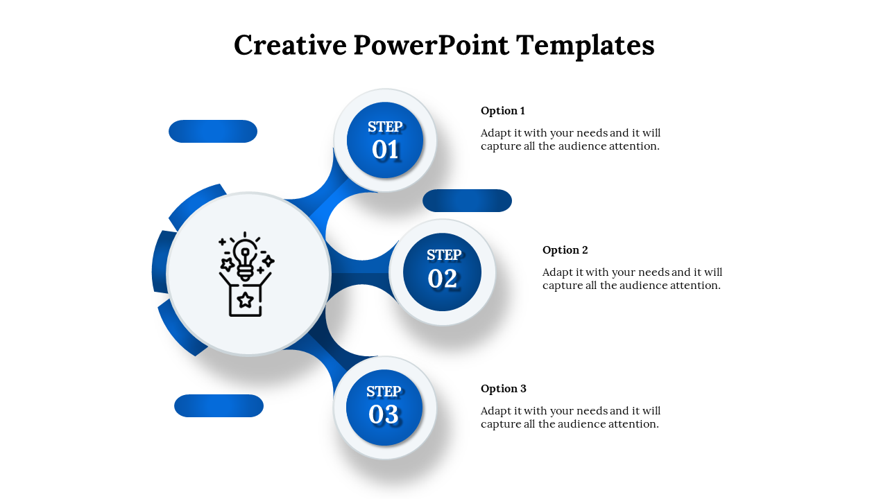 Creative PowerPoint template with steps and light bulb icon in the center with placeholder text.