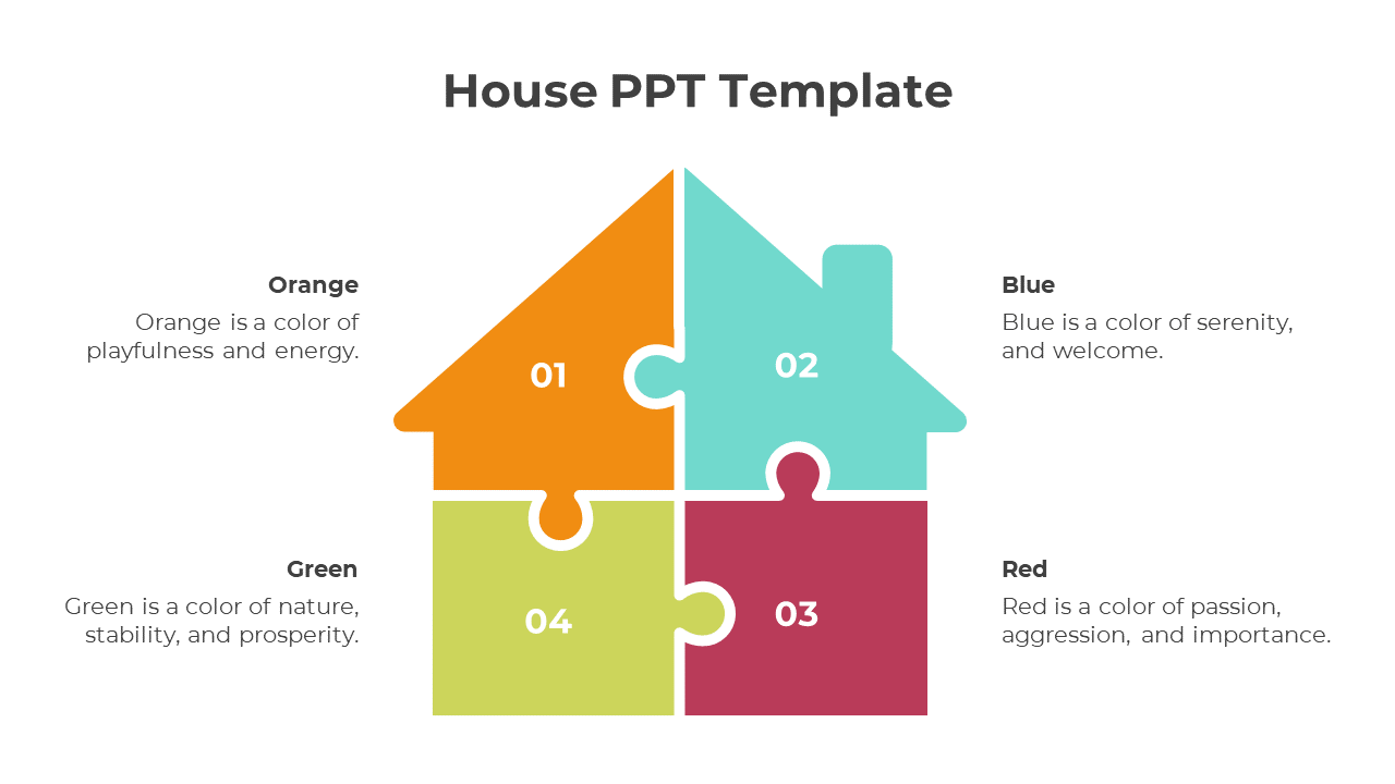 A house shaped puzzle with four colorful pieces in orange, blue, red, and green, each labeled with numbers and text.