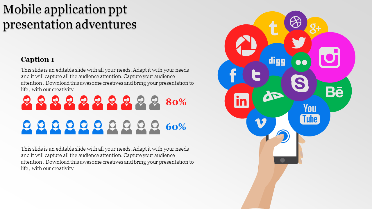 Infographic slide showing social media icons on a smartphone for a mobile app presentation with captions.