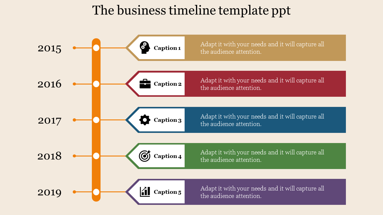 Vertical timeline with milestones from 2015 to 2019, featuring color tags with icons like a brain, suitcase, and bar chart.