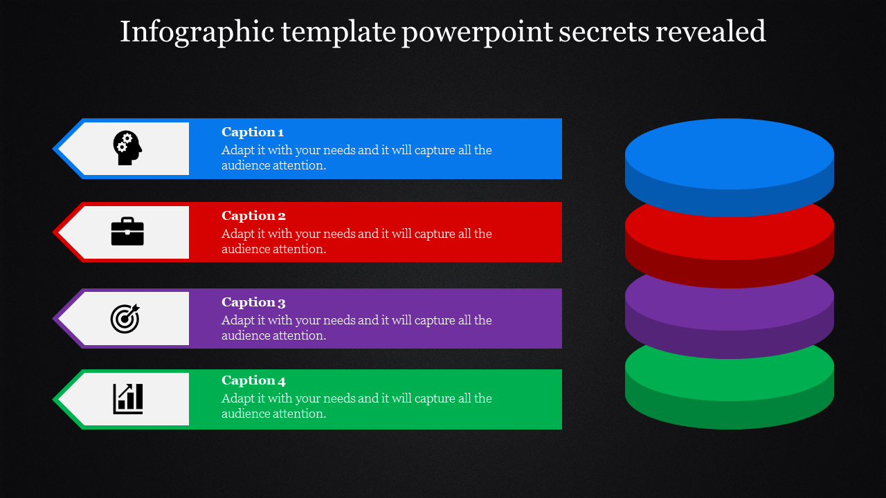 Infographic with four horizontal banners in blue, red, purple, and green, paired with icons and stacked discs on the right.