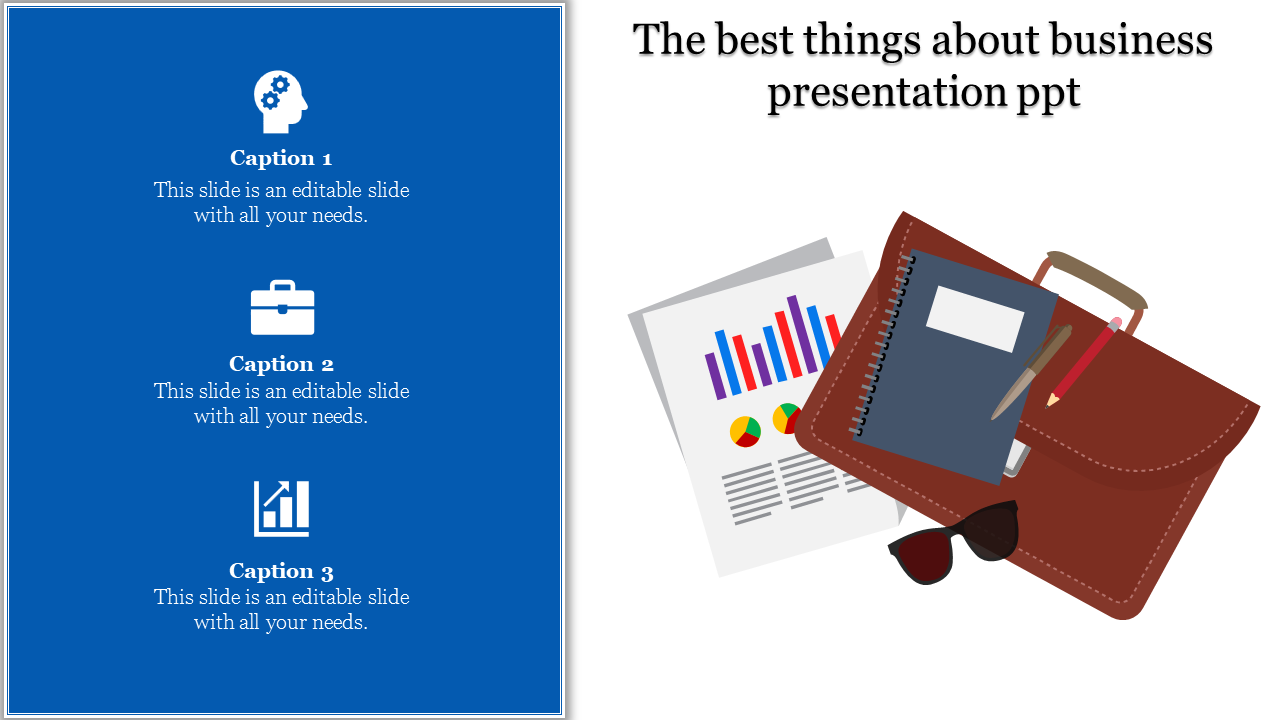 Blue vertical panel with three white icons and captions, and a brown briefcase with stationery and charts on the right.