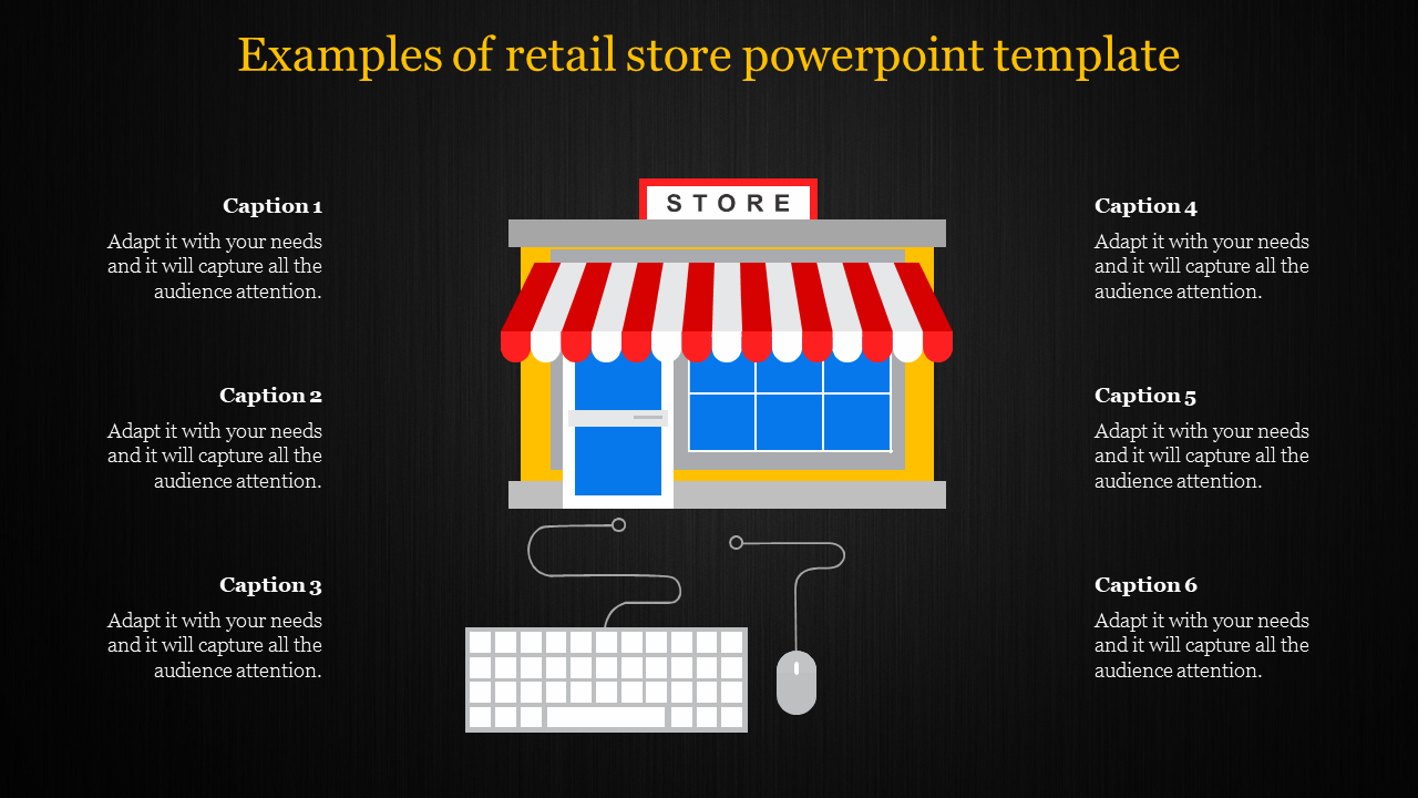 Illustration of a retail store with a red striped awning, surrounded by captions for PowerPoint content on a dark backdrop.