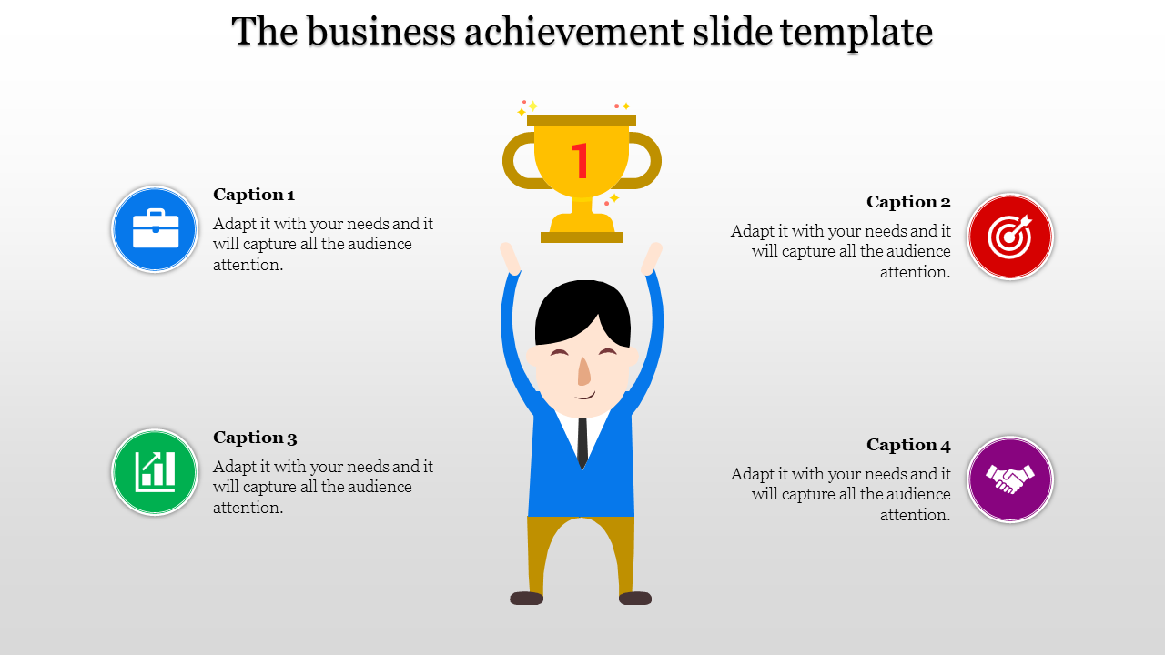 Business achievement slide with a cartoon character holding a trophy and four colorful icons with captions.