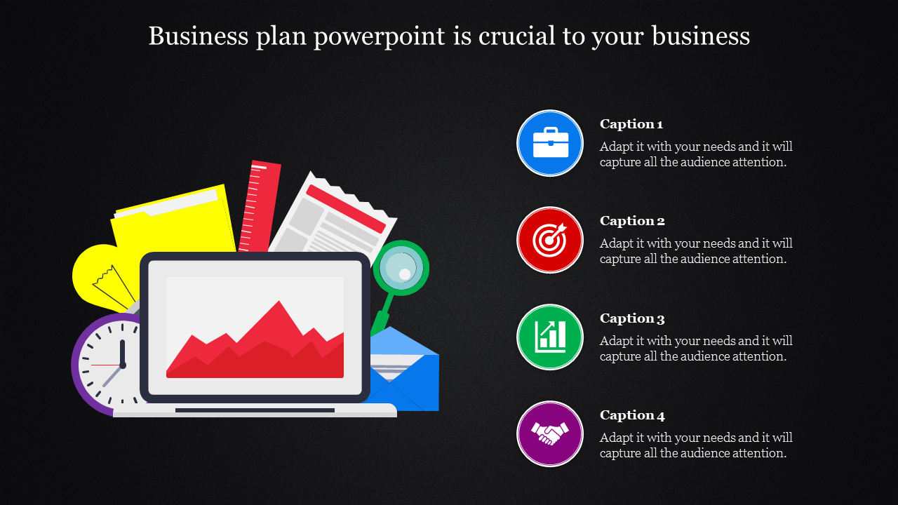 Business planning slide showing a laptop screen with a graph, by documents, a clock, and captions for strategic goals.