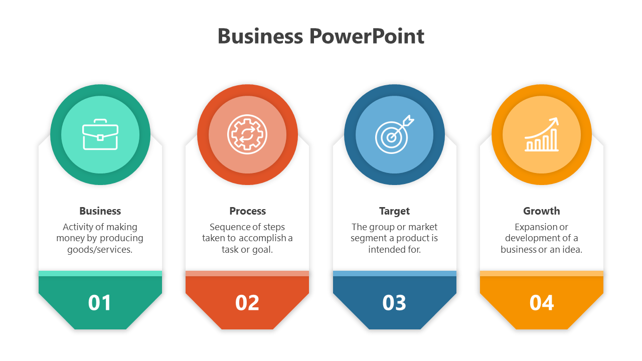 Business PowerPoint slide with four sections each featuring colorful icons and descriptions.