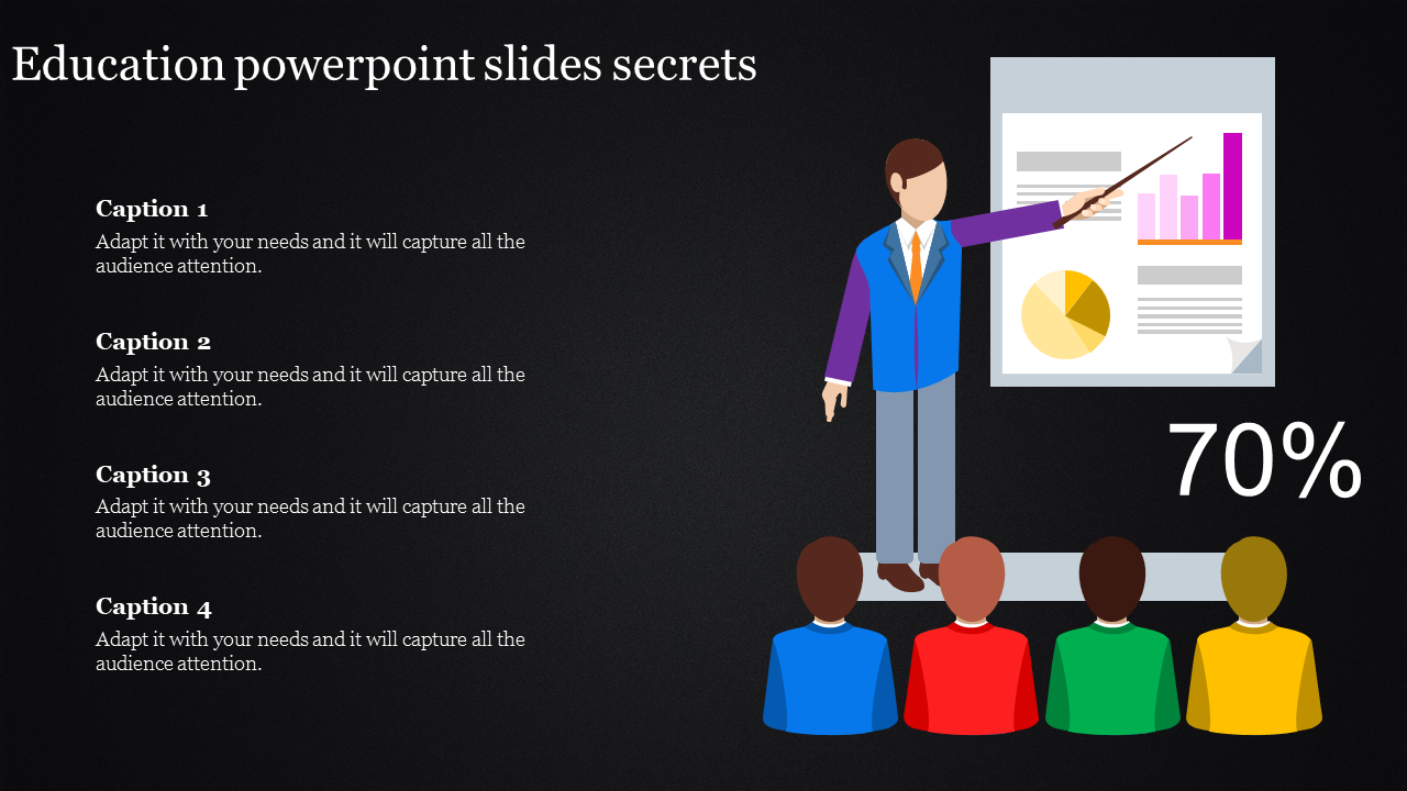 Education illustration slide with a teacher at board with students, with four caption areas placed in a dark background.