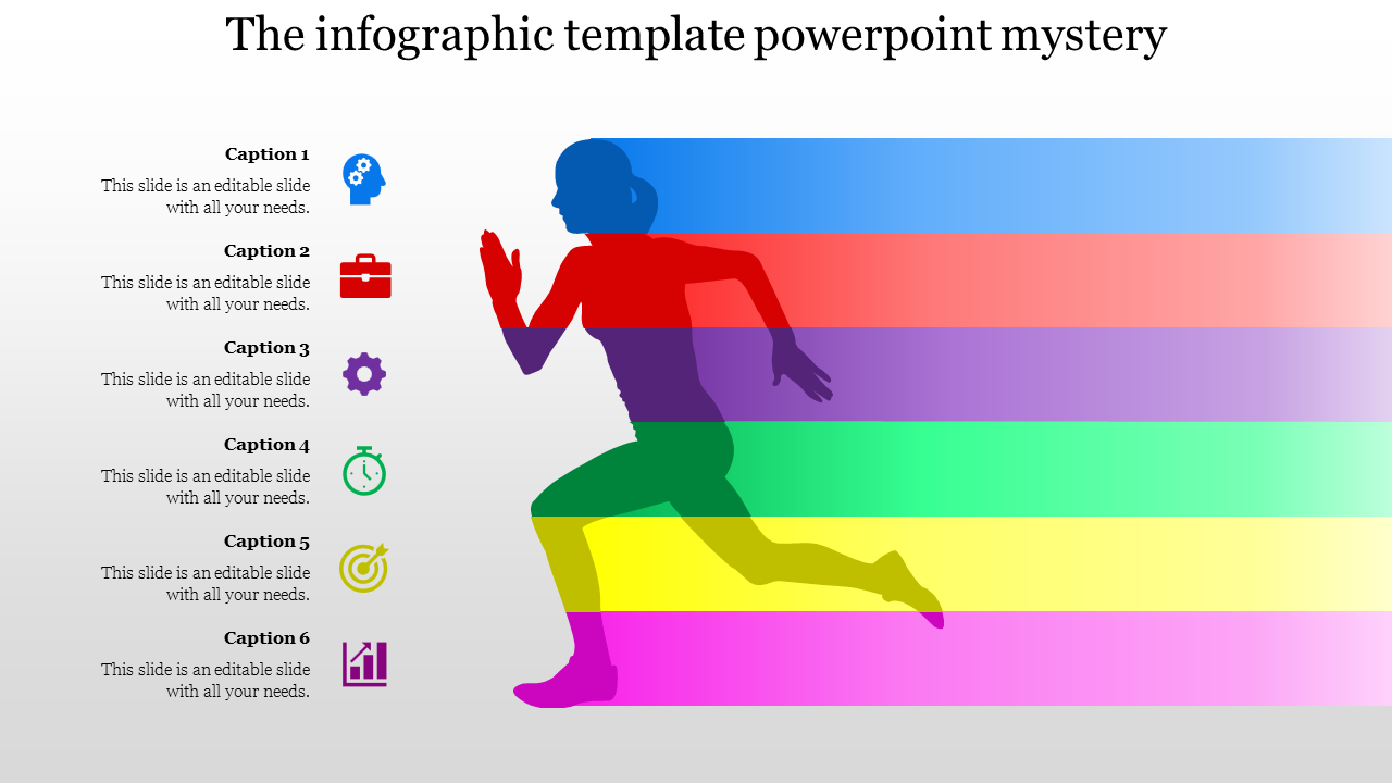 Infographic with a running figure in front of gradient stripes and six caption areas with various icons, such as a briefcase and clock.