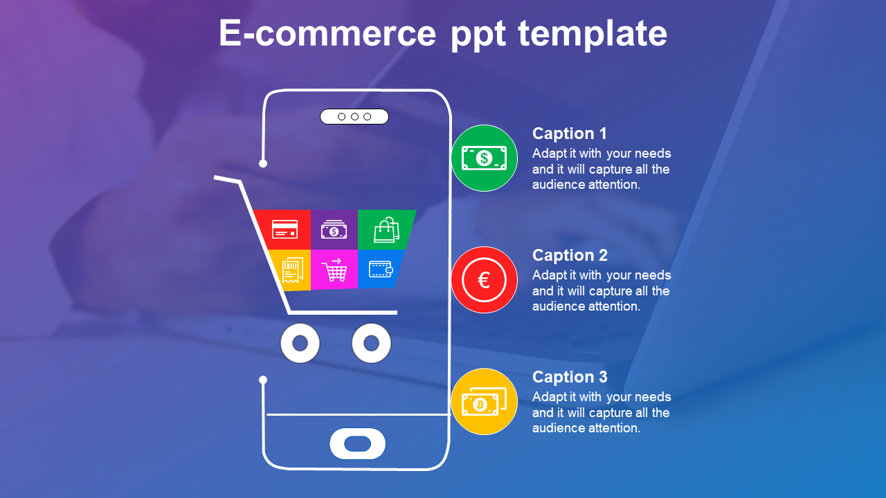 E commerce slide with a mobile shopping cart design and colorful icons representing online payments, and three captions.