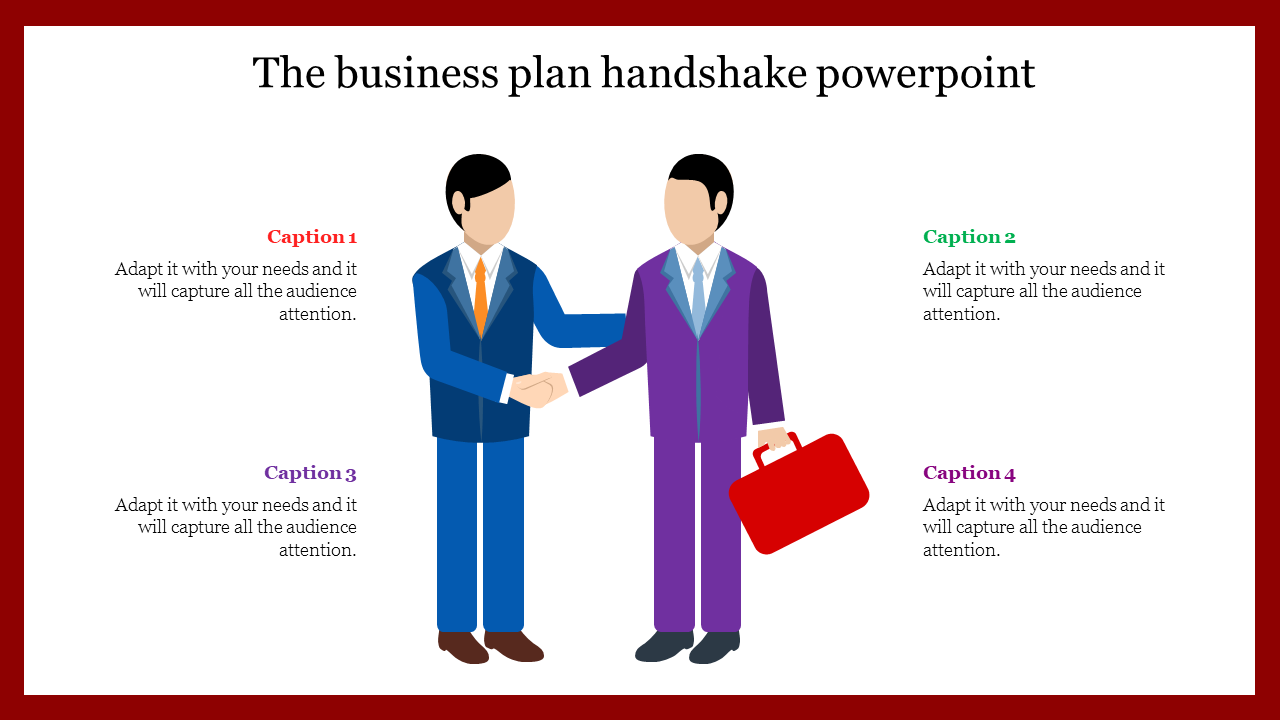 Illustration of two men shaking hands in professional attire, with four colorful captions, in a red border frame.