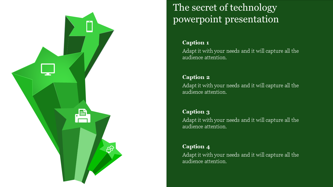 Green star shaped infographic with technology icons on the left and four captions on a dark green background on the right.