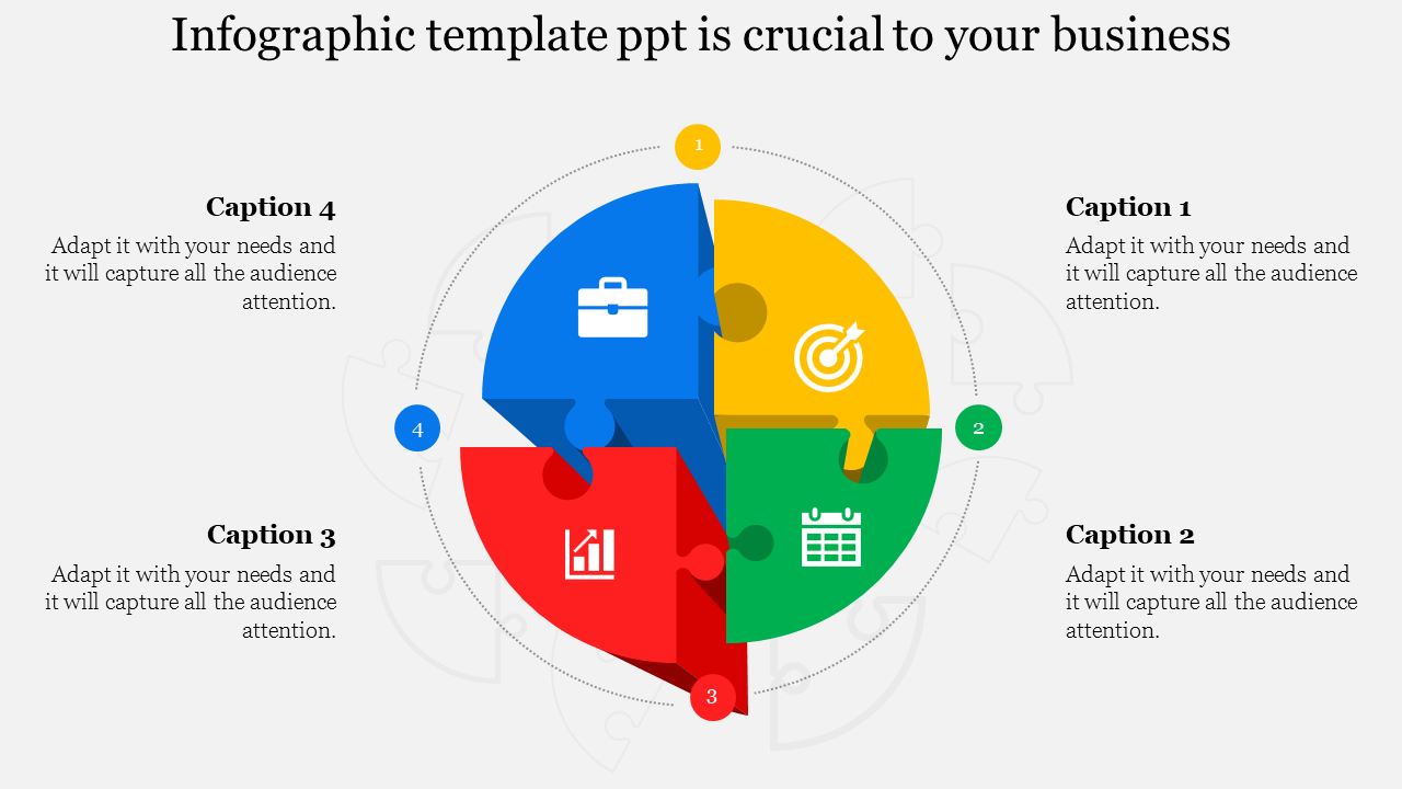 Four-segment circular puzzle in red, blue, yellow, and green, featuring icons and captions on a white background.