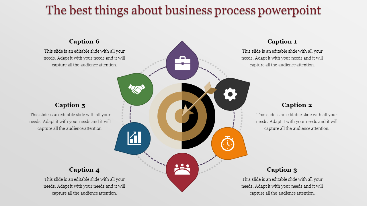 Business process PowerPoint template featuring colorful circular icons representing different business areas with captions.