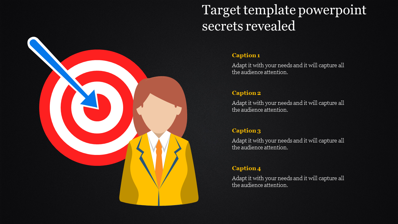 Target template with a dart hitting the bullseye next to a businesswoman icon and four captions areas.