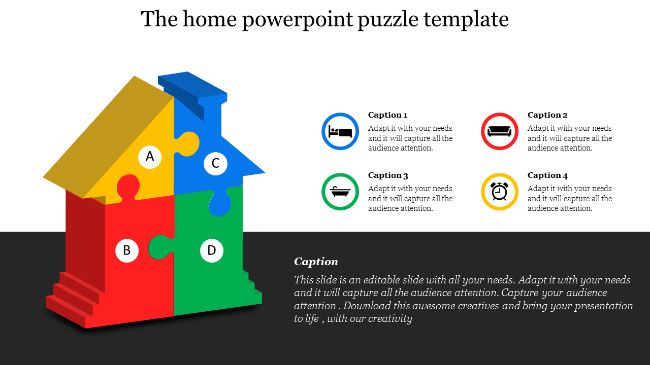 House-shaped puzzle with four pieces yellow, red, blue, green labeled A, B, C, and D, each containing icons.