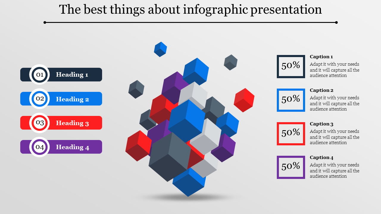 Infographic PowerPoint template featuring colorful cubes with headings and percentage values with captions.