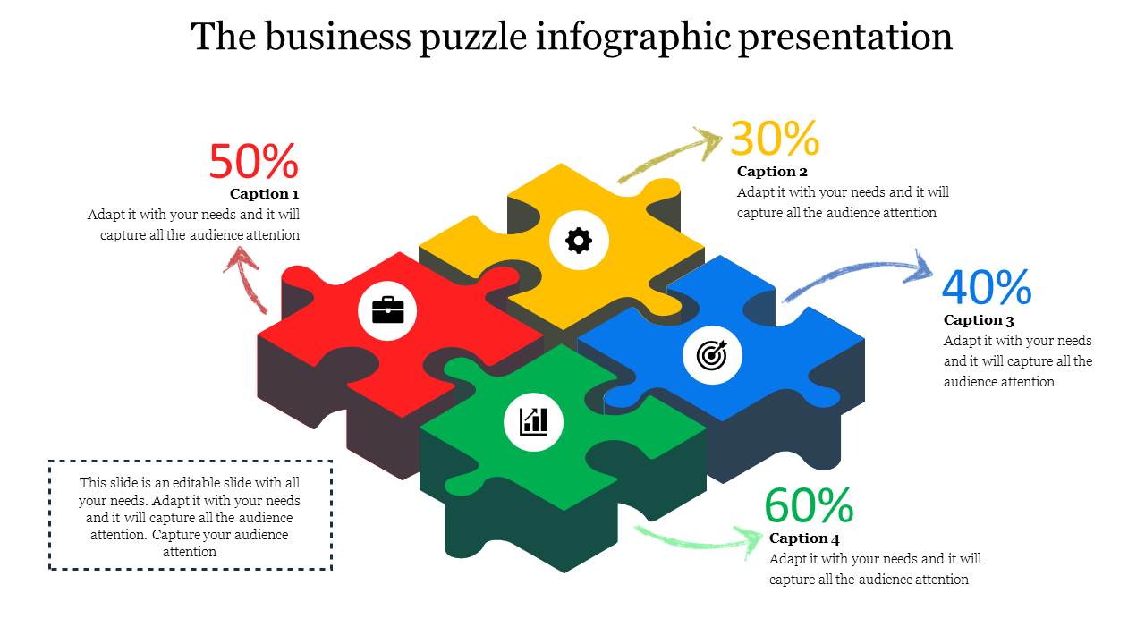 Business puzzle infographic PowerPoint template with four colored puzzle pieces and percentage captions.