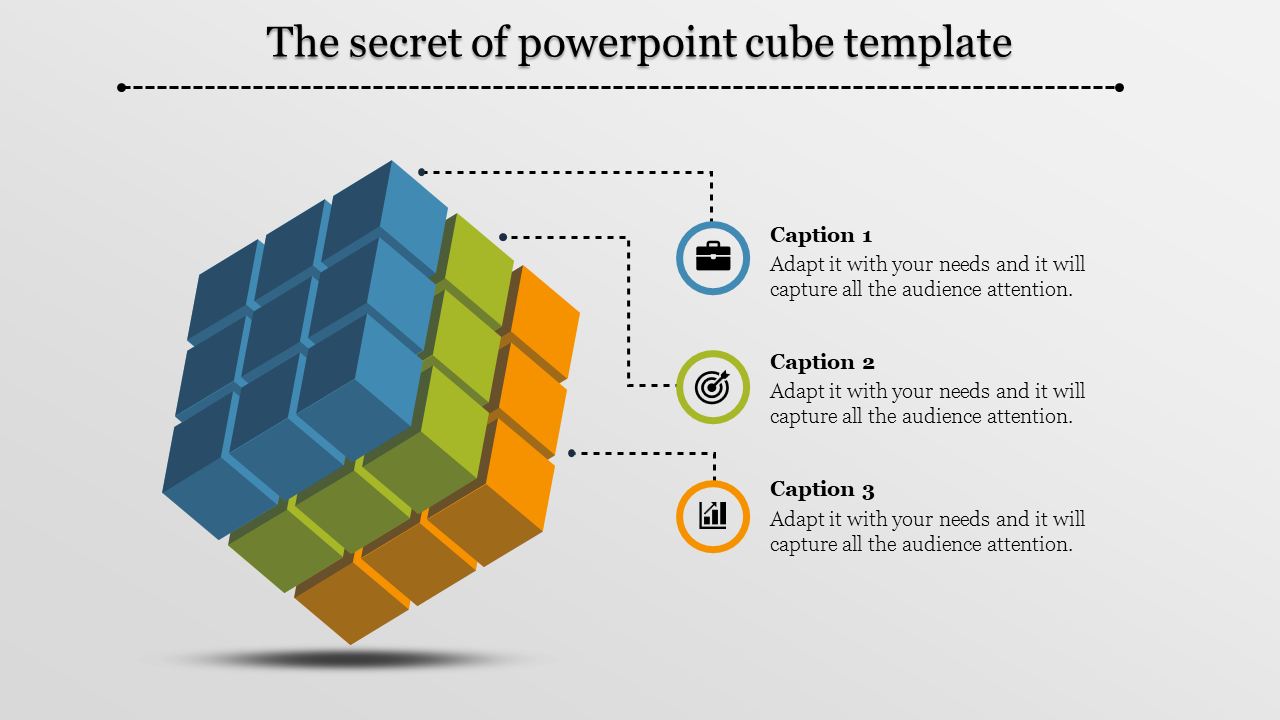 3D cube with blue, green, and orange faces, linked to three corresponding captions on the right.