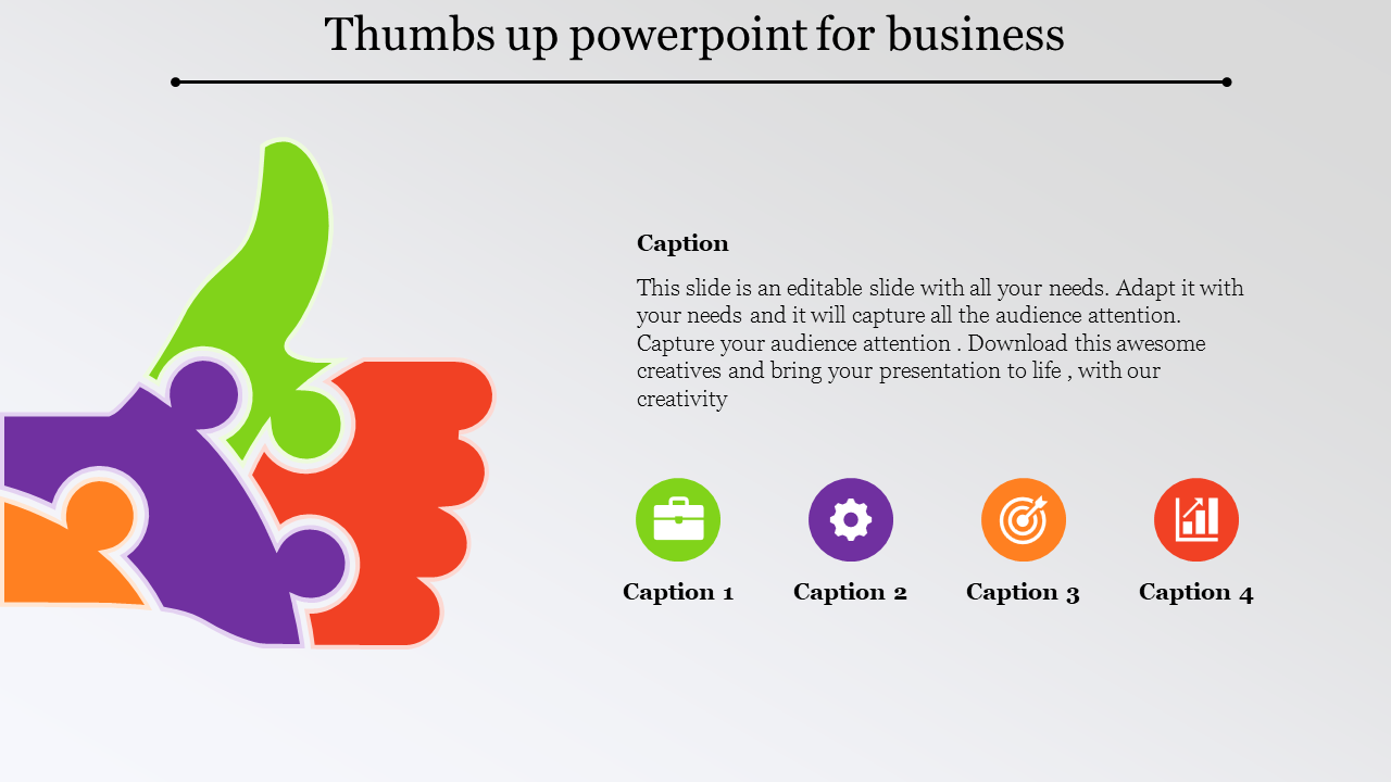 PowerPoint template with colorful thumbs up icons, puzzle pieces, and caption sections.