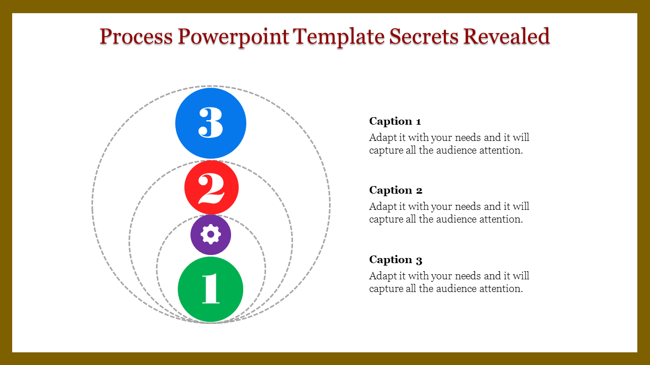 Process PPT slide showing three numbered circles with different colors, representing steps in a process with captions.