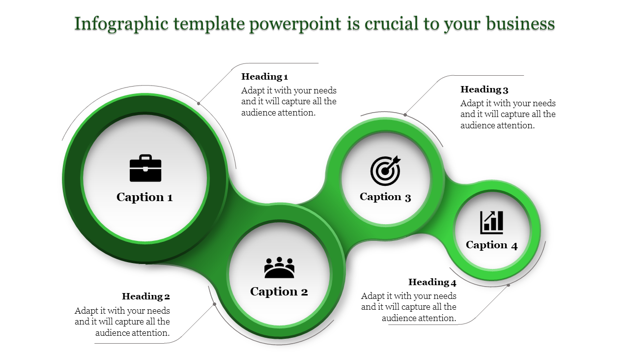 Four green interconnected circular shapes showcasing captions with respective business related icons.