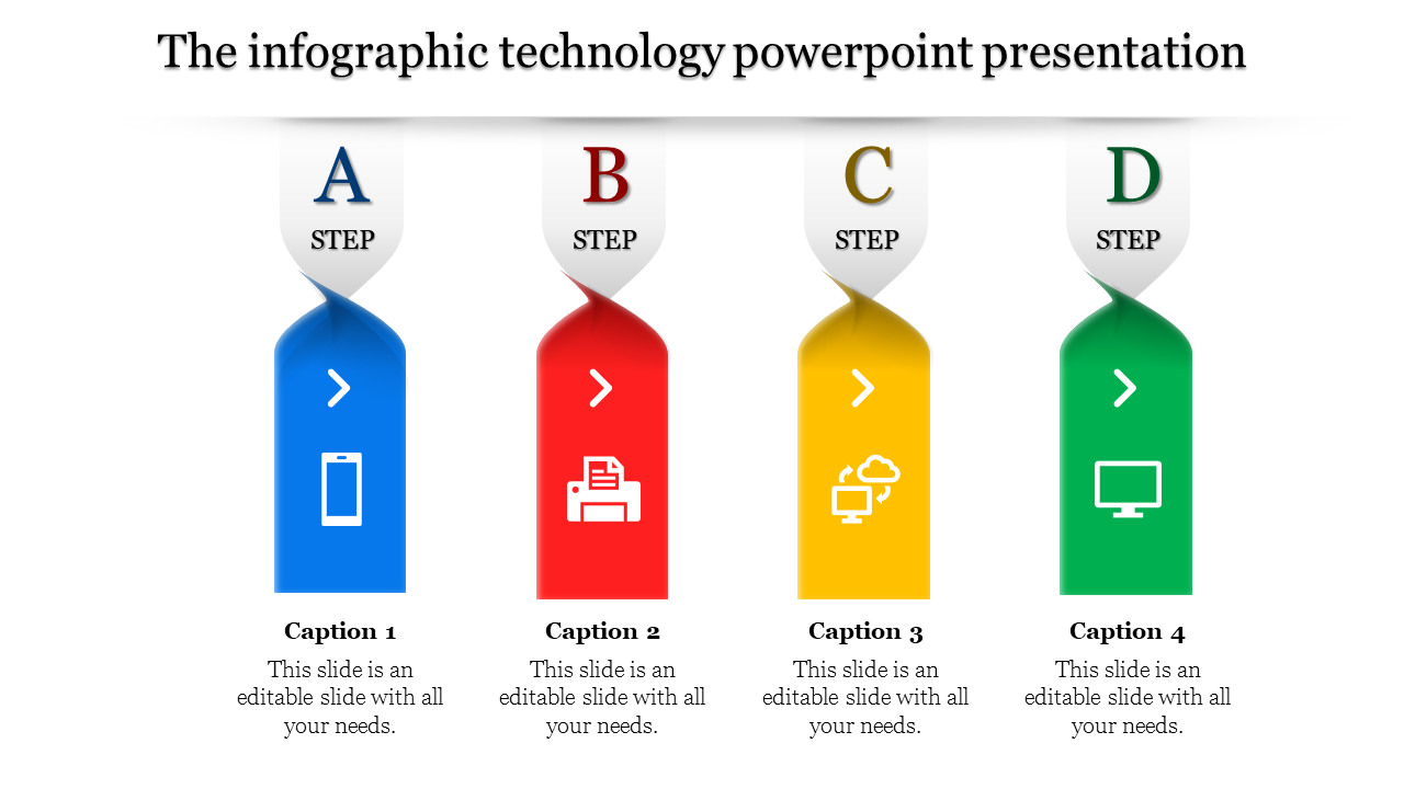 Technology slide with four colored steps labeled A, B, C, and D, featuring icons of a phone, printer, cloud, and computer.