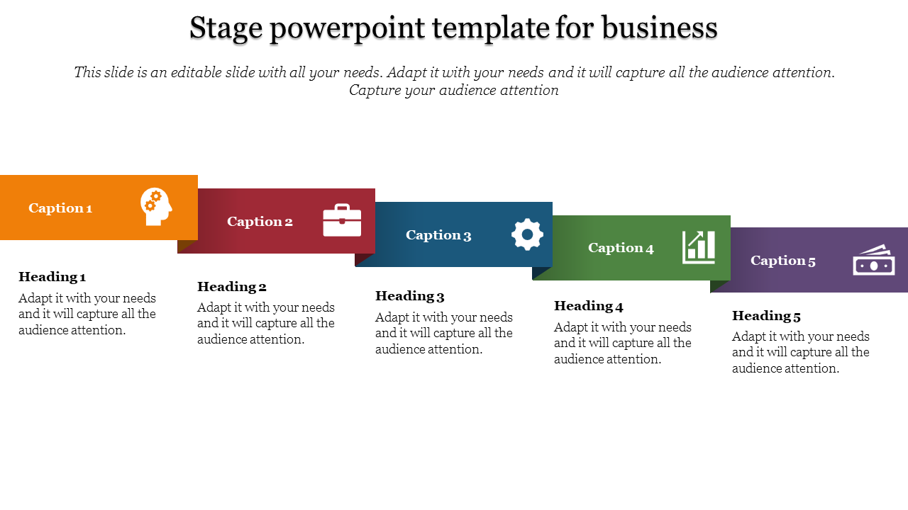 Five colored rectangular stages in a row with icons and captions, transitioning from orange to purple.