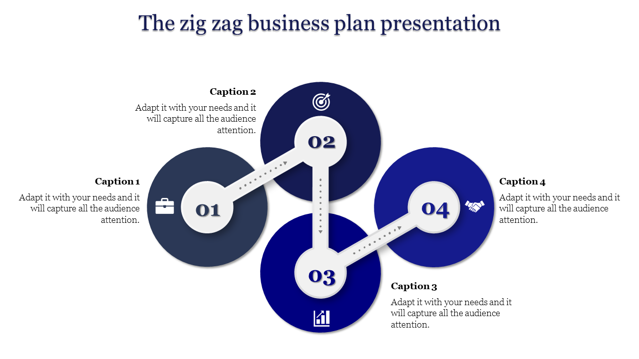 Zig zag business plan presentation slide with icons in blue circles with captions.