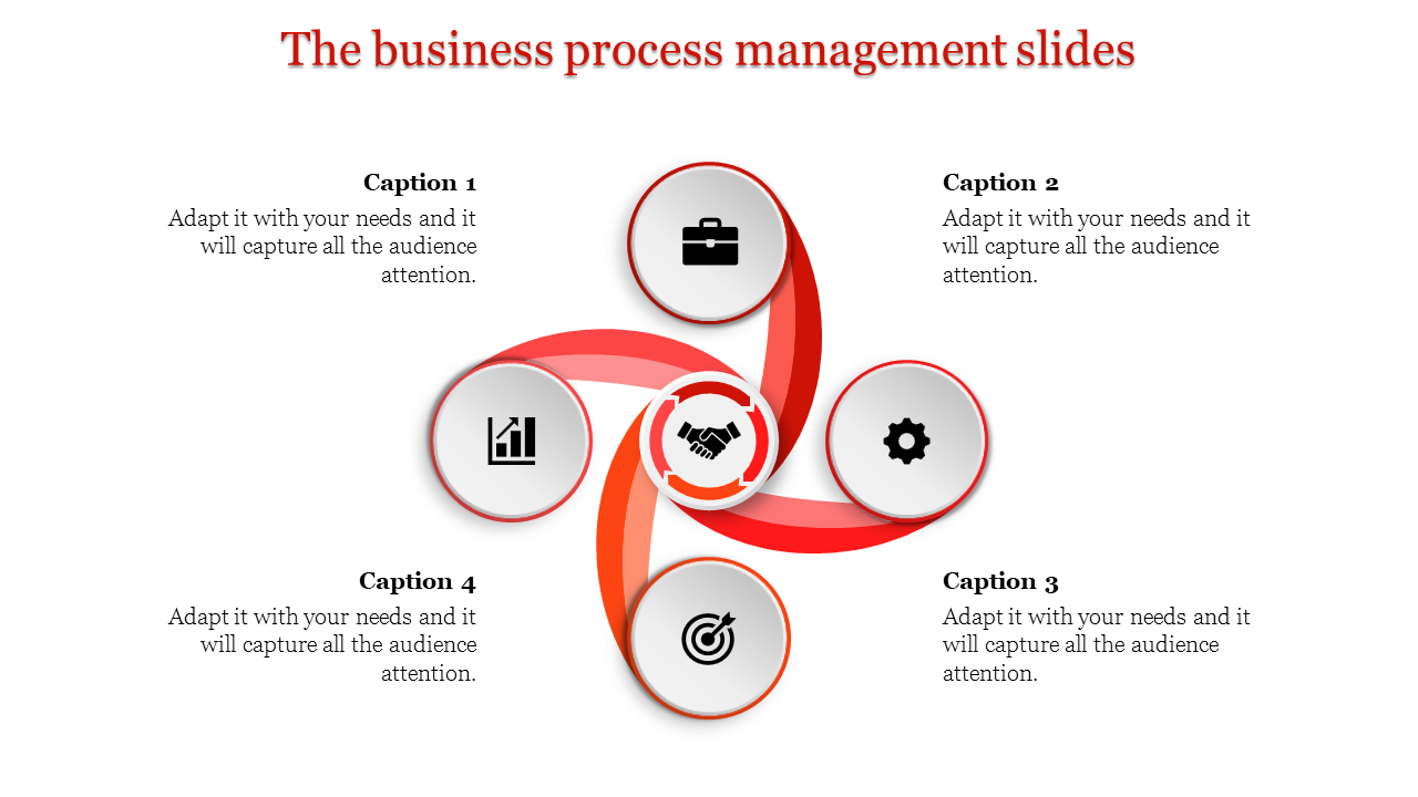 Business process management slide featuring four icons like growth, teamwork, settings, and target in a circular design.