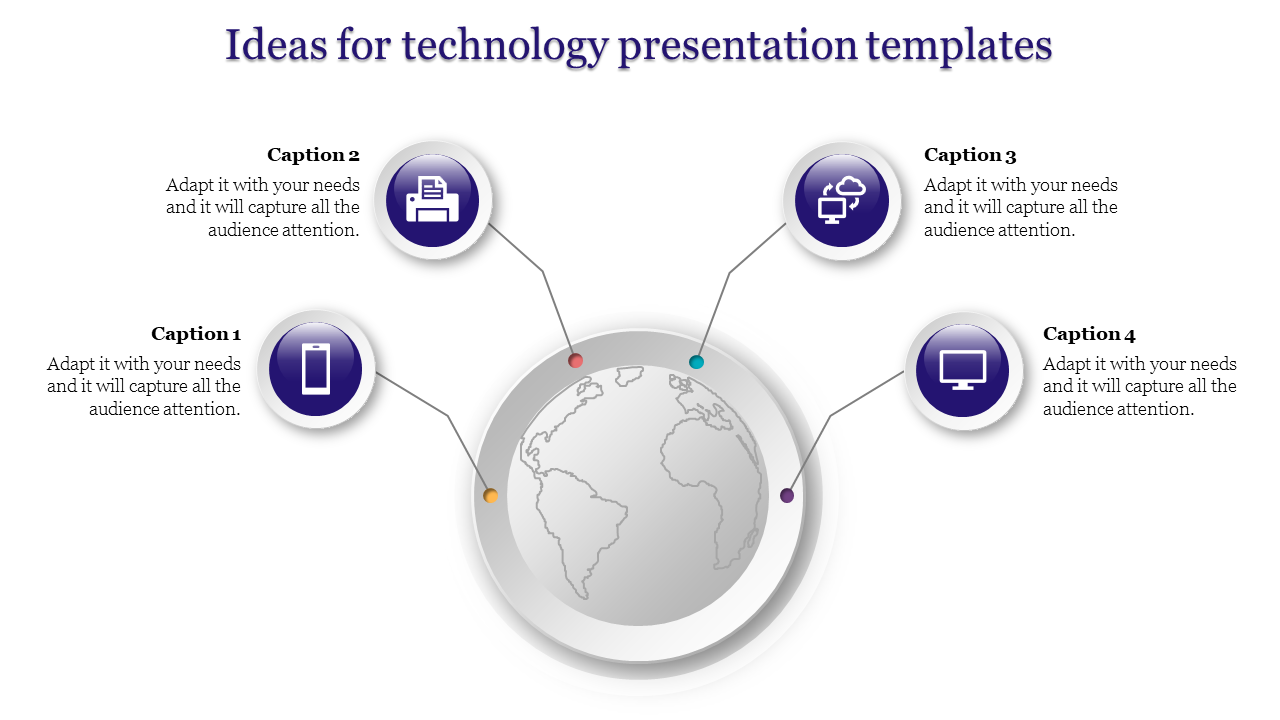 Technology PPT template featuring four icons representing a phone, printer, cloud, and computer, with a globe at the center.