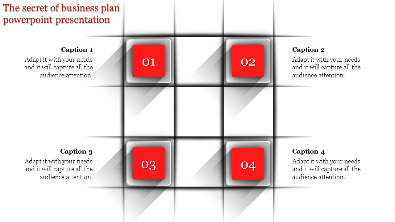 Business plan slide with four red squares labeled 01, 02, 03, and 04, and captions with placeholder text.