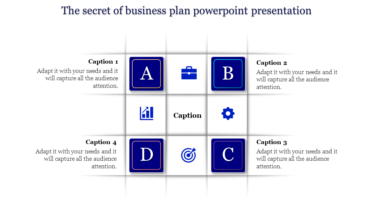 Business plan PowerPoint slide with four sections labeled A, B, C, and D, each with different icons and captions.