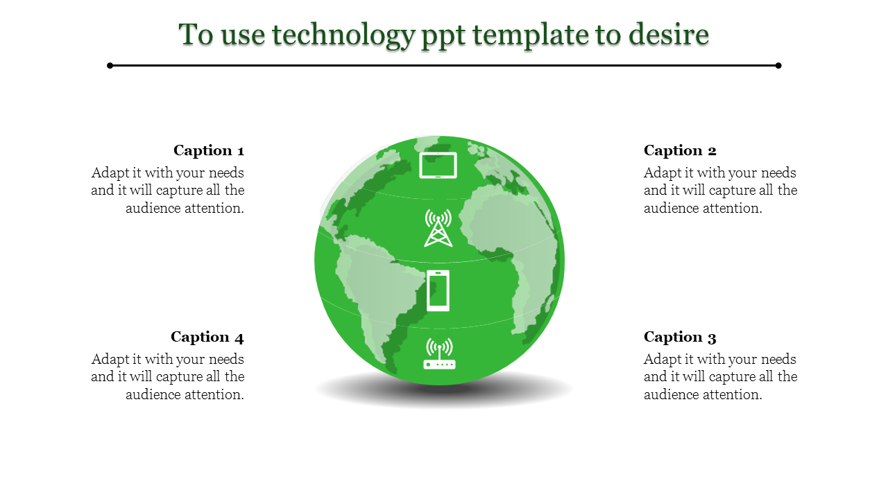 Green world map illustration with technology icons like phones, tablets, and wireless signals for a technology PPT template.