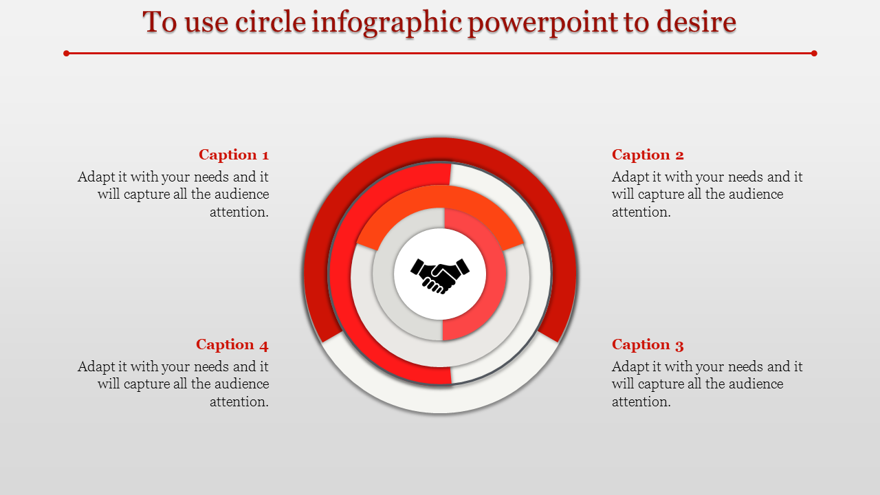 Circle infographic PowerPoint slide featuring orange concentric rings with a handshake icon in the center with captions.