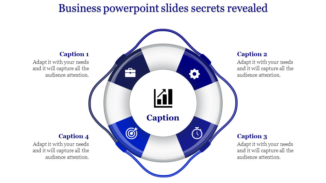 Business PowerPoint slide with a lifebuoy design and blue icons with captions.