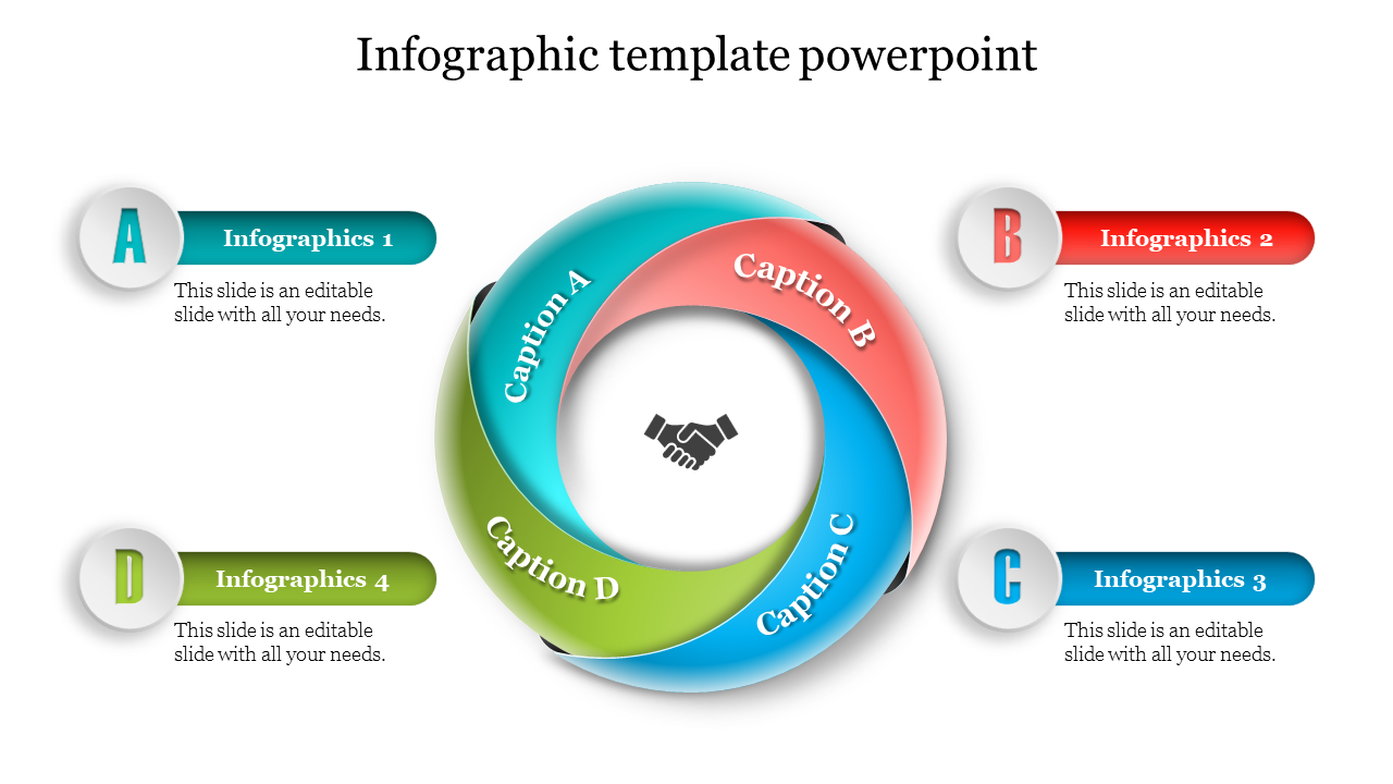 Circular infographic template with four interlocking segments in blue, red, green, and teal, labeled with captions A to D.