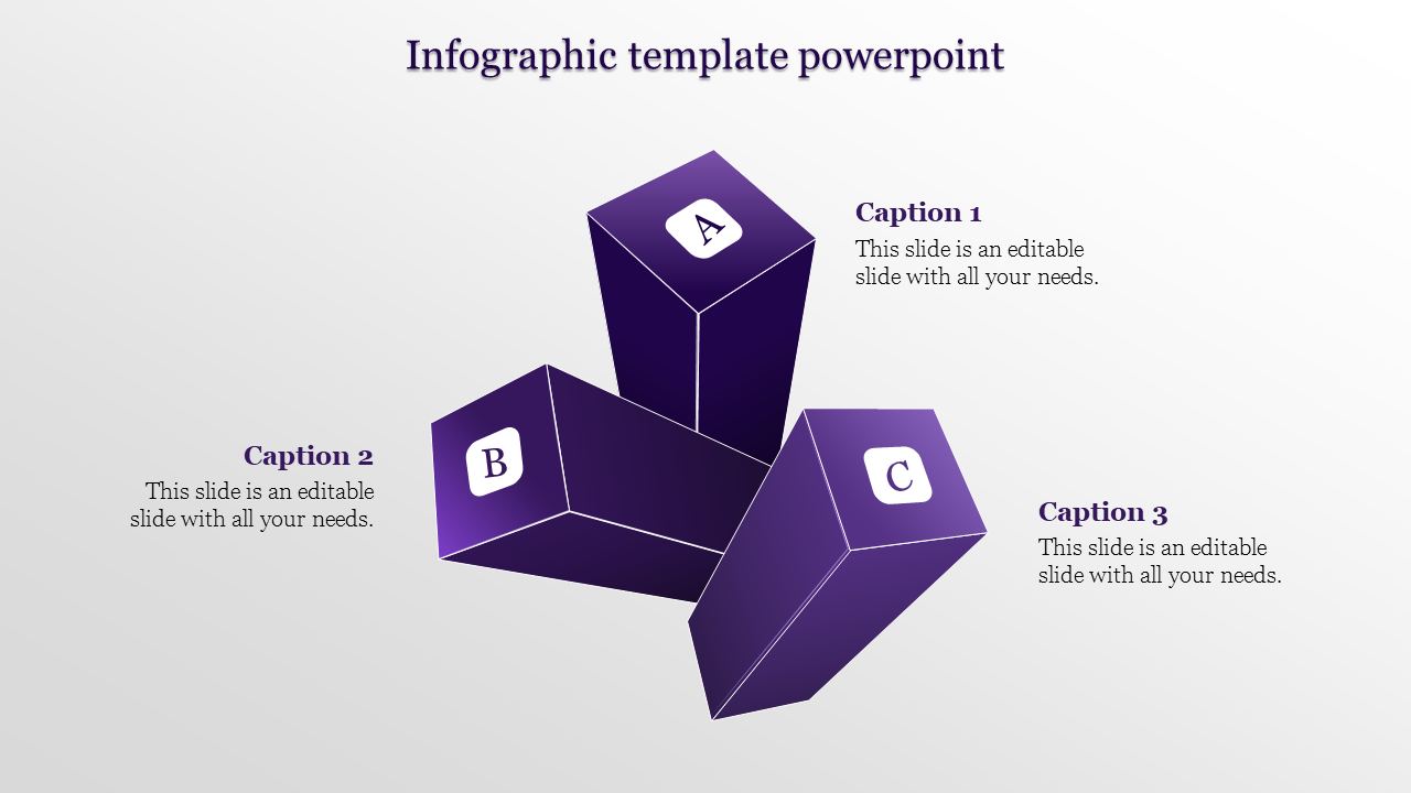 Purple infographic PowerPoint slide with three 3D blocks labeled A, B, and C, each with captions.