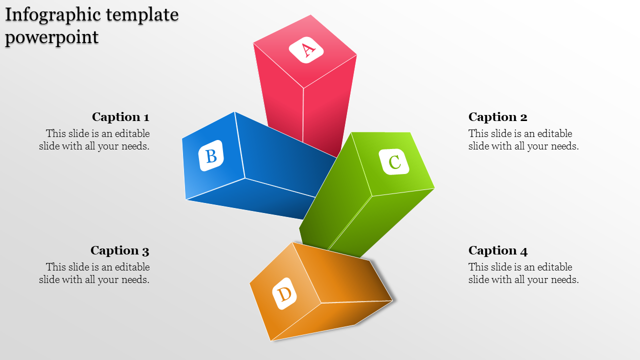 Four 3D blocks in red, blue, green, and orange labeled A to D, arranged diagonally with captions on each side.