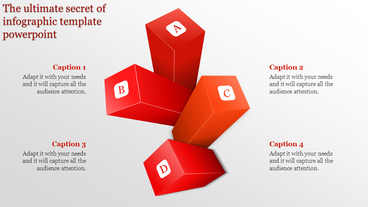 Infographic PowerPoint slide with four red blocks labeled A, B, C, and D, showing stages with captions.