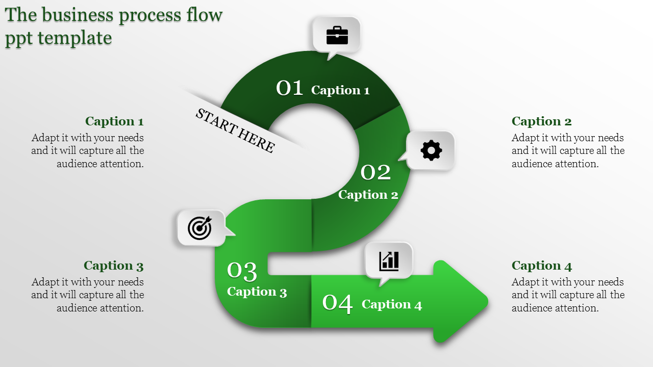 Business process flow PPT slide showing a four step process with icons, starting with Start Here and ending with Goal.