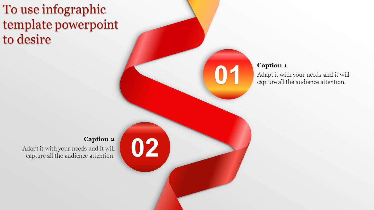 Infographic PowerPoint slide with two red numbered circles 01, and 02 connected by a ribbon like shape with captions.