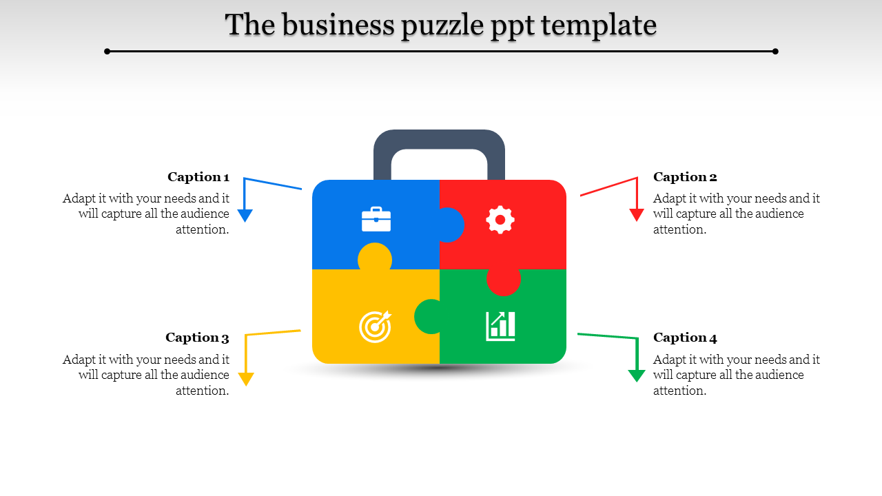 Infographic featuring a suitcase shaped puzzle in blue, red, yellow, and green, with captions linked by arrows.