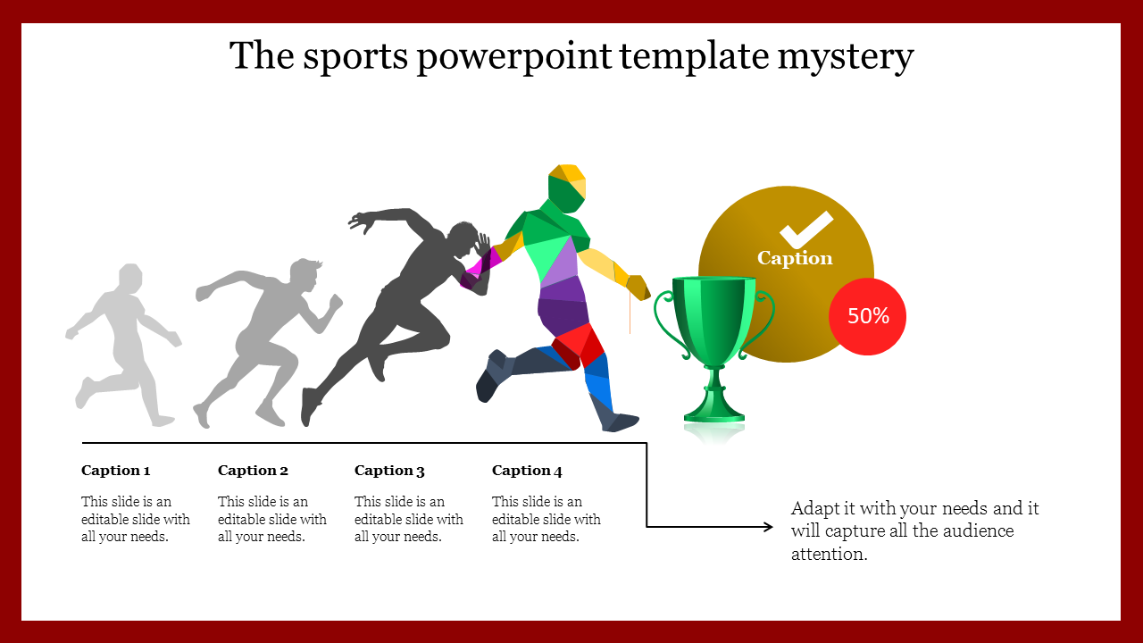 Sports themed slide showing a progression of running figures towards a trophy with caption text.