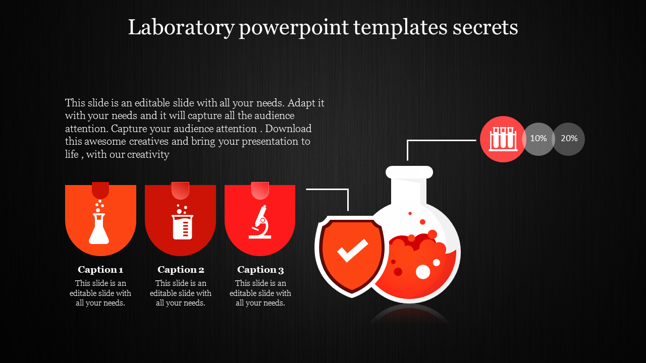 Laboratory flask and shield on the right with three red icon blocks beneath, featuring scientific symbols.